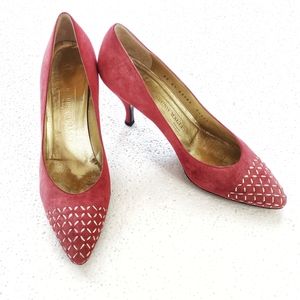 Bruno Magli. Red Suede Heel. 8.5AA. Gold embellishments on Pointed Toe. Vintage